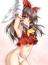 Rule 34 | 1girl, arched back, armpits, arms up, belly, blush, bow, brown hair, detached sleeves, female focus, groin, hair bow, hair tubes, hakurei reimu, hip focus, long hair, looking at viewer, navel, no pants, open mouth, panties, red eyes, roura, sarashi, solo, touhou, underwear, white background, white panties, wide sleeves