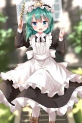 Rule 34 | 1girl, alternate costume, apron, black dress, black hairband, blue eyes, blurry, blurry background, blush, boots, bow, bowtie, brown footwear, commentary request, dress, enmaided, feet out of frame, flat chest, frilled dress, frilled hairband, frills, green hair, hairband, highres, juliet sleeves, long sleeves, looking at viewer, maid, maid apron, medium bangs, medium hair, open mouth, pantyhose, puffy sleeves, rod of remorse, ruu (tksymkw), shiki eiki, solo, stairs, standing, touhou, white apron, white bow, white bowtie, white pantyhose, window