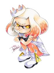 Rule 34 | + +, 1girl, :t, bare arms, boots, collared dress, crossed arms, crown, dress, fingerless gloves, full body, gloves, high collar, highres, inkling, isamu-ki (yuuki), looking at viewer, marker (medium), mole, mole under mouth, multicolored hair, nintendo, pantyhose, pearl (splatoon), pout, red hair, short dress, signature, simple background, sleeveless, sleeveless dress, solo, splatoon (series), splatoon 2, squatting, suction cups, tentacle hair, traditional media, white background, white dress, white hair, yellow eyes, zipper pull tab