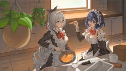 Rule 34 | 2girls, apron, arepko, black bow, blue eyes, blue hair, blurry, bow, bowl, bowtie, breasts, bronya zaychik, bronya zaychik (silverwing: n-ex), cleavage, depth of field, detached collar, eye contact, glass, grey eyes, hair bow, highres, holding, holding bowl, honkai (series), honkai impact 3rd, indoors, large breasts, looking at another, maid, maid apron, maid headdress, mixing bowl, multiple girls, plant, ponytail, red bow, red bowtie, seele vollerei, short hair, silver hair, window