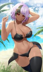 Rule 34 | 1girl, absurdres, ahoge, arm behind head, arm up, artist name, beach, bikini, black bikini, black nails, black sclera, black thighhighs, blonde hair, blue sky, borrowed character, breasts, cleavage, closed mouth, cloud, cloudy sky, collarbone, colored sclera, commentary, curvy, dark-skinned female, dark skin, day, english commentary, facial mark, grass, hair between eyes, halterneck, hand up, head tilt, headgear, heart, heart-shaped pupils, highres, large breasts, lens flare, looking at viewer, multicolored hair, nail polish, navel, ocean, original, outdoors, plant, purple hair, red eyes, short hair, sidelocks, sinensian, skindentation, sky, smile, solo, standing, stomach, string bikini, swept bangs, swimsuit, symbol-shaped pupils, thigh gap, thighhighs, v-shaped eyebrows, wide hips