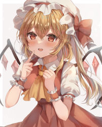 Rule 34 | 1girl, :d, blonde hair, blush, crystal, finger to cheek, flandre scarlet, grey background, hair between eyes, hands up, hat, highres, looking at viewer, maruro, medium hair, mob cap, one side up, open mouth, red eyes, simple background, smile, solo, sparkle, touhou, upper body, white background, white hat, wings