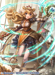 Rule 34 | 1girl, alice (fire emblem), axe, blonde hair, blue eyes, breasts, company name, copyright name, dress, fire emblem, fire emblem cipher, flower, fumi (butakotai), holding, holding axe, holding staff, long hair, looking at viewer, medium breasts, mirror, nintendo, official art, open mouth, smile, solo, staff, standing, white legwear, window
