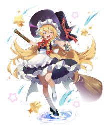 Rule 34 | 1girl, ;d, black dress, black footwear, blonde hair, bow, braid, broom, commentary, dress, english commentary, frilled dress, frills, hair bow, hat, hat ribbon, highres, holding, holding broom, kirisame marisa, lolittleboy, long hair, one eye closed, open mouth, red bow, red ribbon, ribbon, shooting star, smile, socks, solo, standing, standing on one leg, star (symbol), touhou, white background, white socks, witch hat