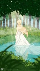 Rule 34 | 1boy, aether (genshin impact), ahoge, back, blonde hair, dress, floating hair, forest, genshin impact, highres, holding, holding clothes, holding dress, lake, leaf, light rays, lilylilili52488, long hair, male focus, nature, sitting on water, solo, wading, waves, white dress, wind