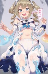 Rule 34 | 1girl, barbara (genshin impact), bare shoulders, blonde hair, blue eyes, blush, bow, bow panties, bra, breasts, bushinofuji, cleavage, dress, drill hair, genshin impact, highres, looking at viewer, navel, panties, pantyhose, see-through, slime (genshin impact), small breasts, solo, speech bubble, stomach, sweatdrop, text focus, torn clothes, torn dress, torn legwear, torn pantyhose, twin drills, twintails, underwear, white bra, white dress, white panties, white pantyhose