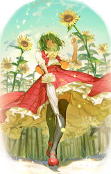 Rule 34 | 1girl, ascot, bad id, bad pixiv id, black thighhighs, character name, copyright name, dated, flower, green hair, hand up, kazami yuuka, looking at viewer, red eyes, red footwear, red skirt, shoes, short hair, signature, skirt, solo, sunflower, thighhighs, touhou, umbrella, vest, yuukaku
