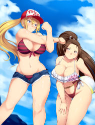 Rule 34 | 2girls, absurdres, alternate costume, ball, bare shoulders, beachball, bikini, bikini top only, blonde hair, blue eyes, blue sky, blush, bracelet, breasts, brown eyes, brown hair, cleavage, clenched hands, closed mouth, cloud, collarbone, commentary request, crossed arms, day, denim, denim shorts, fatal fury, frilled bikini, frills, genderswap, genderswap (mtf), hair between eyes, hand on own thigh, hat, high ponytail, highres, holding, holding ball, holding beachball, jewelry, large breasts, leaning forward, legs, long hair, midriff, multiple girls, navel, ponytail, shiny skin, shiranui mai, short shorts, shorts, sky, snk, snk heroines: tag team frenzy, stretched limb, striped bikini, striped bikini top, striped clothes, swimsuit, terry bogard, the king of fighters, thighs, unbuttoned, underboob, yomitrooper