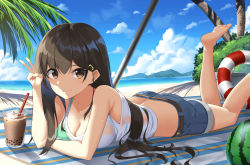 Rule 34 | 1girl, ass, bare arms, bare shoulders, barefoot, beach, bikini, bikini under clothes, black hair, blue sky, breasts, brown eyes, bubble tea, bush, cleavage, cloud, collarbone, commentary, crop top, cup, day, denim, denim shorts, drinking glass, drinking straw, english commentary, feet out of frame, food, fruit, green bikini, hair between eyes, hair ornament, hairclip, hand up, highres, innertube, long hair, looking at viewer, lying, ocean, on stomach, original, outdoors, palm tree, see-through, shorts, sky, smile, solo, suiroh (shideoukami), swim ring, swimsuit, tank top, the pose, towel, tree, v, watermelon, white tank top