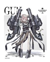 Rule 34 | 1girl, :d, ammunition belt, android, arm at side, bullet, donxxxs, english text, full body, gun, handgun, huge weapon, joints, looking at viewer, mecha musume, middle finger, open mouth, original, pink hair, revolver, robot joints, shadow, sharp teeth, simple background, smile, solo, teeth, weapon