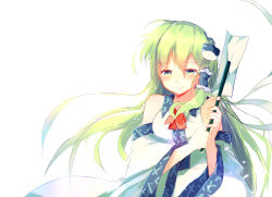 Rule 34 | 1girl, absurdres, ascot, backlighting, bare shoulders, blush, breasts, chinese commentary, commentary request, derivative work, detached sleeves, frog hair ornament, gohei, green eyes, green hair, hair between eyes, hair ornament, hair tubes, heida zhu, highres, holding, kochiya sanae, long hair, long sleeves, looking at viewer, medium breasts, red ascot, shirt, simple background, single sidelock, solo, tears, touhou, upper body, very long hair, white background, white shirt, wide sleeves