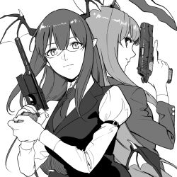 Rule 34 | 2girls, amino (tn7135), animal ears, arm belt, back-to-back, bat wings, bespectacled, black vest, blazer, breasts, collared shirt, commentary request, cowboy shot, dress shirt, glasses, greyscale, gun, hair between eyes, handgun, head wings, jacket, juliet sleeves, koakuma, large breasts, light smile, long hair, long sleeves, looking at viewer, looking back, low wings, m1911, mauser c96, monochrome, multiple girls, necktie, pointy ears, puffy sleeves, rabbit ears, reisen udongein inaba, round eyewear, shirt, sidelocks, simple background, slit pupils, touhou, trigger discipline, very long hair, vest, weapon, white background, white shirt, wings