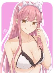 Rule 34 | 1girl, :q, bad id, bad pixiv id, bare arms, bare shoulders, bow, bow bra, bra, breasts, brown hair, cleavage, closed mouth, collarbone, commentary request, fate/grand order, fate (series), highres, large breasts, long hair, looking at viewer, medb (fate), outline, pink background, pink hair, ramchi, signature, smile, solo, tiara, tongue, tongue out, two-tone background, underwear, underwear only, very long hair, white background, white bra, white outline