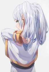 Rule 34 | 1girl, arms up, capelet, closed mouth, commentary, dress, elf, frieren, from behind, green eyes, highres, holding, holding own hair, long hair, long sleeves, looking at viewer, parted bangs, pointy ears, reulem, simple background, solo, sousou no frieren, twintails, upper body, white background, white capelet, white dress, white hair
