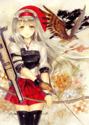Rule 34 | 10s, 1girl, archery, bad id, bad pixiv id, bird, boots, bow (weapon), falcon, flight deck, gloves, hair ribbon, hairband, japanese clothes, japanese flag, kantai collection, keiko (mitakarawa), kyuudou, long hair, muneate, partially fingerless gloves, partly fingerless gloves, quiver, ribbon, shoukaku (kancolle), single glove, skirt, smile, solo, thigh boots, thighhighs, traditional media, weapon, white hair, yellow eyes, yugake