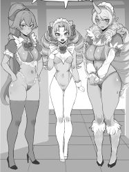 Rule 34 | 3girls, :d, absurdres, alternate costume, blush, bow, bowtie, breasts, cafe cuties gwen, cafe cuties sivir, cafe cuties soraka, cleavage, drill hair, full body, fur trim, gloves, greyscale, gwen (league of legends), hands on own hips, high heels, highres, horns, hudak, juliet sleeves, large breasts, league of legends, long hair, long sleeves, maid headdress, meme attire, monochrome, multiple girls, navel, open mouth, pantyhose, pointy ears, puffy short sleeves, puffy sleeves, reverse bunnysuit, reverse outfit, shiny skin, short sleeves, single horn, sivir, skindentation, smile, soraka (league of legends), standing, thighhighs, twin drills, twintails