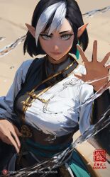 Rule 34 | 1girl, artist name, black hair, chinese clothes, closed mouth, earrings, grey eyes, hand up, highres, hydrokinesis, jewelry, kan liu (666k), looking at viewer, magic, mole, mole under mouth, original, pointy ears, short hair, single earring, solo, water, watermark, web address, white hair