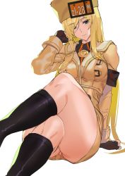 Rule 34 | 1girl, ashiomi masato, bare legs, black footwear, blonde hair, blue eyes, boots, commentary request, crossed legs, eyes visible through hair, fingerless gloves, fur hat, gloves, guilty gear, guilty gear strive, hat, invisible chair, jacket, long hair, long sleeves, millia rage, sitting, solo, thick thighs, thighs, ushanka, yellow hat