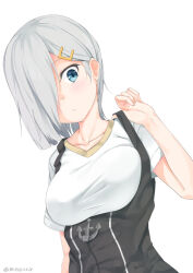 Rule 34 | 1girl, alternate costume, black dress, blue eyes, breasts, closed mouth, clothes pull, collarbone, commentary, dated, dress, grey hair, hair ornament, hair over one eye, hairclip, hamakaze (kancolle), hand up, kantai collection, kusumi (minusu0618), large breasts, long bangs, looking at viewer, pinafore dress, pulled by self, shirt, short hair, short sleeves, sleeveless, sleeveless dress, solo, twitter username, upper body, white background, white shirt