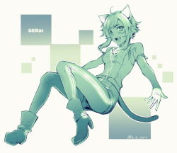 Rule 34 | 1girl, :d, ahoge, animal ears, bad id, bad pixiv id, belt, blush, boots, cat ears, cat tail, character name, gerat, green eyes, green theme, looking at viewer, monochrome, nein (album), open mouth, shishiyon, short hair, smile, solo, sound horizon, tail, twitter username