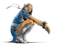 Rule 34 | 1girl, absurdres, alternate hairstyle, blue eyes, blue nails, boots, bracelet, brown hair, bun cover, capcom, china dress, chinese clothes, chun-li, cross-laced footwear, double bun, dress, dreviator, earrings, fingernails, full body, grin, hair down, hair ribbon, highres, jewelry, knee boots, lace-up boots, lips, long fingernails, long hair, nail polish, no legwear, nose, pantyhose, pelvic curtain, ribbon, sash, side slit, smile, solo, spiked bracelet, spikes, squatting, street fighter, white background
