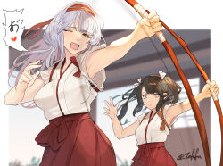 Rule 34 | 2girls, bow (weapon), breast envy, breasts, covered erect nipples, fuwafuwatoufu, green eyes, green hair, grey hair, hair ribbon, hakama, hakama skirt, headband, heart, highres, holding, holding bow (weapon), holding weapon, japanese clothes, kantai collection, long hair, medium breasts, multiple girls, one-hour drawing challenge, one eye closed, open mouth, red eyes, red hakama, red headband, ribbon, shoukaku (kancolle), shoukaku kai ni (kancolle), skirt, speech bubble, spoken heart, tasuki, twintails, weapon, white ribbon, yumi (bow), zuikaku (kancolle), zuikaku kai ni (kancolle)