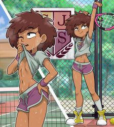 Rule 34 | amphibia, anne boonchuy, arms up, asymmetrical legwear, breasts, brown hair, centinel303, chain-link fence, dark-skinned female, dark skin, dolphin shorts, fence, navel, nervous sweating, no bra, racket, school emblem, shoes, short shorts, shorts, small breasts, smile, sneakers, standing, steaming body, stomach, sweat, tennis racket, uneven legwear, very sweaty, wiping face, wristband