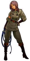 Rule 34 | 1girl, boots, bracelet, choker, hiroaki (kof), jewelry, military, military uniform, official art, short hair, snk, solo, the king of fighters, the king of fighters xi, uniform, whip, whip (kof)