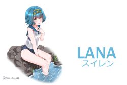 Rule 34 | 1girl, between legs, bilingual, blue eyes, blue hair, blue sailor collar, blush, character name, creatures (company), disco brando, game freak, hairband, hand between legs, hand on own chest, highres, lana (pokemon), looking at viewer, matching hair/eyes, mixed-language text, nintendo, one-piece swimsuit, open mouth, pokemon, pokemon sm, sailor collar, short hair, sleeveless, soaking feet, solo, swimsuit, swimsuit under clothes, trial captain, twitter username