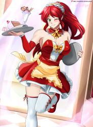 Rule 34 | 1girl, absurdres, breasts, cleavage, commentary, detached collar, detached sleeves, green eyes, highres, holding, large breasts, long hair, looking at viewer, maid, maid headdress, one eye closed, ponytail, pyrrha nikos, red hair, rwby, skirt, smile, solo, standing, standing on one leg, thighhighs, tray, vilde loh hocen, zettai ryouiki