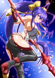 Rule 34 | 1girl, antenna hair, arc system works, ass, bare shoulders, blazblue, blazblue: central fiction, blazblue variable heart, blush, boots, breasts, fingerless gloves, genderswap, genderswap (mtf), gloves, hair ribbon, halterneck, highres, huge breasts, itaya, long hair, looking at viewer, mai natsume, outseal, pants, polearm, ponytail, purple eyes, purple hair, ribbon, shiny clothes, shiny skin, sideboob, skin tight, smile, solo, spear, very long hair, weapon