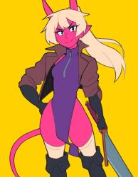 Rule 34 | 1girl, black footwear, black gloves, blush, breasts, brown jacket, colored skin, cowboy shot, demon horns, dress, fingerless gloves, gloves, groin, highres, holding, holding sword, holding weapon, horns, jacket, long hair, medium breasts, open clothes, open jacket, orange eyes, original, pointy ears, ponytail, purple dress, red skin, rob ishi, smile, solo, sword, tail, thighhighs, weapon, white thighhighs