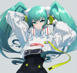 Rule 34 | 1girl, aqua eyes, aqua hair, arms behind head, arms up, black bodysuit, black gloves, bodysuit, bodysuit under clothes, covered navel, crop top, crop top overhang, cropped jacket, expressionless, female focus, floating hair, gloves, goodsmile racing, green gloves, grey background, hatsune miku, highres, jacket, kasoku souchi, linea alba, long hair, long sleeves, looking up, racing miku, racing miku (2022), simple background, solo, strap, twintails, two-tone gloves, upper body, very long hair, vocaloid, white jacket