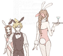 1boy 1girl aerith_gainsborough ancotsubu animal_ears bare_shoulders black_bow black_bowtie black_pants black_vest blonde_hair bow bowtie braid braided_ponytail breasts brown_hair cloud_strife cocktail_glass collared_shirt cowboy_shot cup detached_collar drinking_glass facing_away final_fantasy final_fantasy_vii fishnet_pantyhose fishnets furrowed_brow hair_ribbon hand_on_own_hip highres holding holding_tray leotard long_hair medium_breasts pants pantyhose parted_bangs pink_leotard pink_ribbon playboy_bunny rabbit_ears rabbit_tail ribbon shirt short_hair sidelocks single_braid sleeves_rolled_up spiked_hair strapless strapless_leotard tail tray vest white_background white_shirt wrist_cuffs