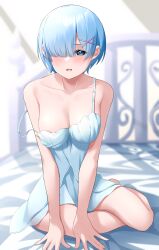Rule 34 | 1girl, absurdres, bare arms, bare legs, bed sheet, blue eyes, blue hair, blush, breasts, cleavage, collarbone, commentary request, dress, hair ornament, hair over one eye, highres, indoors, kiona (giraffe kiona), leaning forward, looking at viewer, medium breasts, off shoulder, on bed, open mouth, re:zero kara hajimeru isekai seikatsu, rem (re:zero), short dress, short hair, sitting, sleeveless, sleeveless dress, solo, strap slip, white dress, x hair ornament