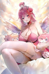 1girl :3 absurdres angel_wings bare_shoulders blush braid breasts character_doll choker cleavage closed_mouth cloud cloudy_sky collarbone commentary criss-cross_halter crossed_legs crown_braid doll doro_(nikke) dorothy_(nikke) dorothy_(nostalgia)_(nikke) dress falling_feathers feathered_wings feathers flower goddess_of_victory:_nikke hair_bun hair_ornament halterneck hanbok625 hand_on_another&#039;s_head highres holding huge_breasts jewelry legwear_garter long_hair looking_at_viewer necklace official_alternate_costume panties panty_peek pink_choker pink_dress pink_eyes pink_hair pink_lips pinne_(nikke) single_legwear_garter single_side_bun sitting sky smile solo thighhighs thighs underwear white_thighhighs white_wings wings