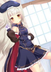 Rule 34 | 1girl, :o, azur lane, bare shoulders, beret, blue cape, blue dress, blue hat, blunt bangs, blush, breasts, brown eyes, cape, character name, commentary request, curtains, detached sleeves, dress, dutch angle, gloves, hat, highres, indoors, light brown hair, long hair, long sleeves, looking at viewer, looking to the side, lying, mole, mole under eye, multicolored cape, multicolored clothes, neu (frameice), on back, on bed, parted lips, puffy long sleeves, puffy sleeves, red cape, sleeveless, sleeveless dress, small breasts, solo, very long hair, white gloves, window, z46 (azur lane)