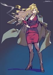 Rule 34 | 1girl, balalaika (black lagoon), black footwear, black lagoon, blonde hair, blue background, blue eyes, breasts, brown pantyhose, burn scar, buttons, cigar, cleavage, closed mouth, coat, coat on shoulders, double-breasted, floating hair, full body, gradient background, grey coat, high heels, highres, holding, holding cigar, jacket, kotatsu (g-rough), large breasts, long hair, long sleeves, looking at viewer, miniskirt, mole, mole under eye, pantyhose, parted bangs, pencil skirt, ponytail, red jacket, red skirt, scar, signature, skirt, smoke, solo