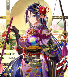 Rule 34 | 1girl, alternate costume, bow (weapon), breasts, fate/grand order, fate (series), fingerless gloves, gloves, hair ornament, highres, japanese clothes, kimono, large breasts, long hair, minamoto no raikou (fate), murakami yuichi, obi, parted bangs, purple eyes, purple hair, purple kimono, sash, solo, upper body, very long hair, weapon