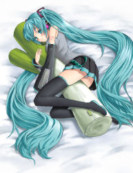 Rule 34 | 1girl, aqua eyes, aqua hair, detached sleeves, hatsune miku, headset, jenny (artist), long hair, lying, panties, pantyshot, skirt, solo, spring onion, striped clothes, striped panties, thighhighs, twintails, underwear, very long hair, vocaloid