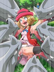 Rule 34 | 1boy, 1girl, ahegao, licking armpit, armpits, arms up, ash ketchum, bar censor, bestiality, black thighhighs, blonde hair, blue eyes, blue jacket, blush, bow, bow panties, breasts, censored, clitoris, clothes lift, clothing aside, covered erect nipples, creatures (company), crying, cunnilingus, dress, dress lift, drooling, fang, game freak, gen 1 pokemon, grass, group sex, hat, horns, jacket, kusugurijin, laughing, licking, looking up, nintendo, nose blush, open mouth, oral, outdoors, panties, panties aside, pink dress, pointless censoring, pokemon, pokemon (anime), pokemon (creature), pokemon xy (anime), pokephilia, pussy, pussy juice, red eyes, red headwear, red vest, restrained, rhyhorn, rolling eyes, saliva, serena (pokemon), short hair, short sleeves, single horn, sleeveless, sleeveless dress, small breasts, smile, solo focus, sweat, tears, textless version, thighhighs, tickling, tongue, tongue bath, tongue out, tree, trembling, undershirt, underwear, upskirt, vaginal, vest, white panties