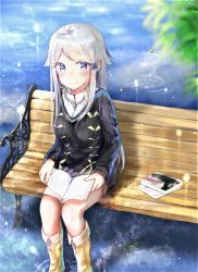 Rule 34 | 10s, 1girl, bad id, bad pixiv id, bench, blue eyes, blush, book, closed mouth, crying, crying with eyes open, highres, holding, holding book, imouto sae ireba ii, kani nayuta, kayakooooo, long hair, looking at viewer, rain, silver hair, sitting, solo, tears, wet