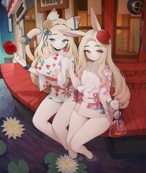 Rule 34 | 2girls, animal ear fluff, animal ears, bell, blonde hair, blue eyes, blue ribbon, blush, bracelet, breasts, candy apple, cat ears, cat girl, cat tail, closed mouth, fish, floral print, flower, food, goldfish, gradient hair, hair bell, hair flower, hair ornament, highres, japanese clothes, jewelry, kimono, korean text, large breasts, lily pad, long hair, looking at viewer, mole, mole under eye, multicolored hair, multiple girls, obi, original, outdoors, rabbit (wlsdnjs950), rabbit ears, rabbit girl, red eyes, red flower, ribbon, sash, sitting, small breasts, soaking feet, tail, tail ornament, tail ribbon, very long hair, water, wide sleeves, yukata