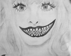 Rule 34 | 1girl, creepy, female focus, greyscale, grin, horror (theme), kyary pamyu pamyu, monochrome, smile, solo, teeth, traditional media
