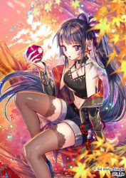 Rule 34 | 1girl, apple, bare shoulders, black hair, copyright name, day, food, fruit, in tree, leaf, maple leaf, official art, orange sky, pink eyes, ponytail, short shorts, shorts, sid story, sila (carpen), sitting, sitting in tree, sky, solo, thighhighs, tree