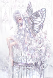 Rule 34 | 1girl, barefoot, bug, butterfly, butterfly wings, cage, dress, flower, full body, hane segawa, headdress, highres, insect, insect wings, long hair, looking at viewer, original, solo, white dress, white hair, wings