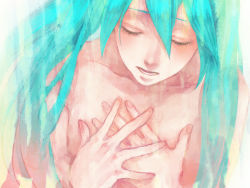 Rule 34 | 1girl, aqua hair, bad id, bad pixiv id, closed eyes, face, female focus, hatsune miku, long hair, m0i, music, open mouth, singing, solo, topless, topless frame, twintails, vocaloid