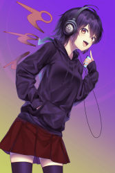 Rule 34 | 1girl, :d, asymmetrical wings, black hoodie, black thighhighs, blush, breasts, casual, contemporary, fang, from side, hair between eyes, hand in pocket, hand up, happy, headphones, highres, holding, hood, hood down, hoodie, houjuu nue, kisamu (ksmz), leaning forward, listening to music, medium breasts, medium hair, miniskirt, open mouth, pleated skirt, pointing, pointing at self, red eyes, red skirt, skindentation, skirt, smile, solo, thighhighs, touhou, wings