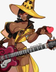 Rule 34 | 1girl, alternate color, bob cut, breasts, choker, cleavage, collarbone, d-ryuu, dark-skinned female, dark skin, electric guitar, fingerless gloves, glasses, gloves, grey background, guilty gear, guitar, hat, heart, i-no, instrument, jacket, large breasts, mole, mole above mouth, orange-tinted eyewear, orange-tinted glasses, parted lips, short hair, shorts, smile, solo, sunglasses, thighhighs, tinted eyewear, witch hat