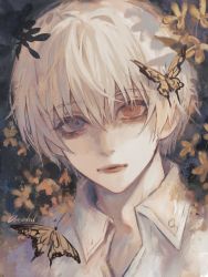 Rule 34 | 1boy, artist name, brethil, bug, butterfly, collared shirt, flower, grey eyes, insect, kaneki ken, looking at viewer, male focus, portrait, red eyes, shirt, short hair, signature, solo, tokyo ghoul, white hair, white shirt, yellow butterfly, yellow flower